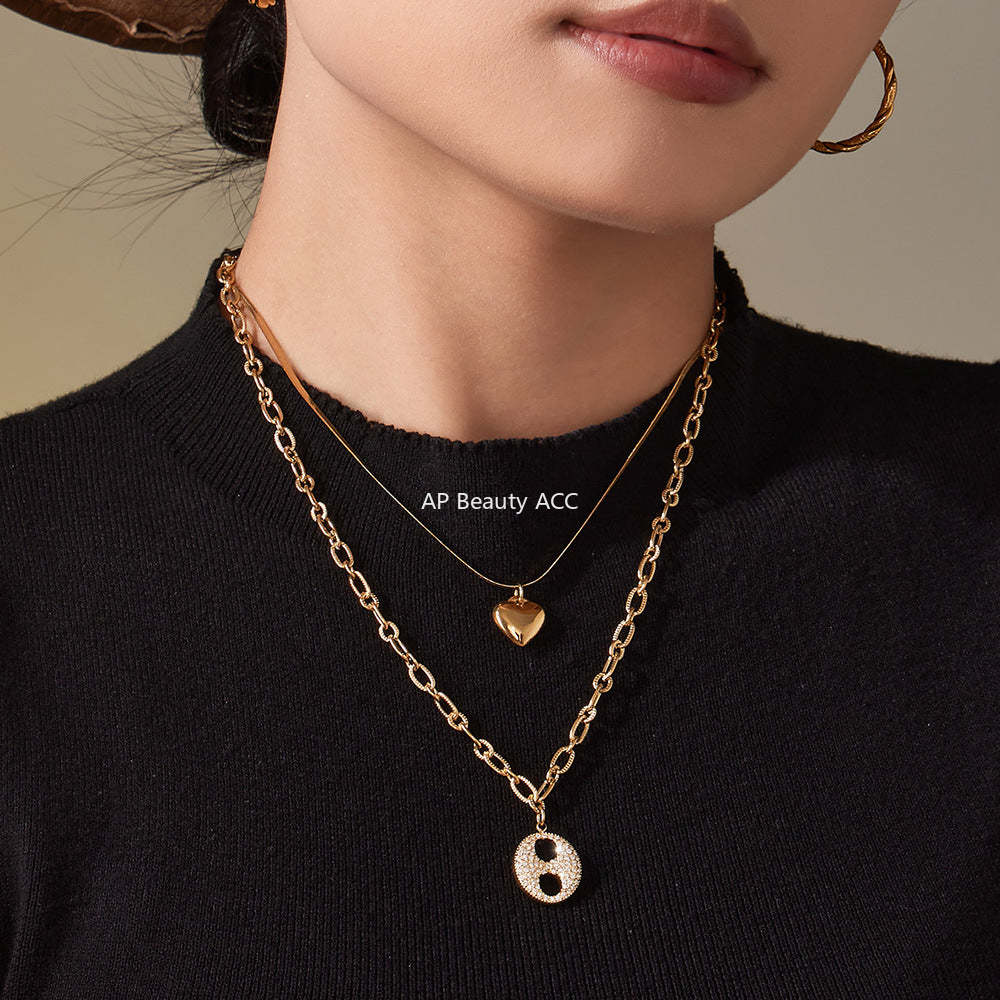 D관 - 더블 레이어 하트 큐빅 18K 도금 스테인리스 목걸이 [P100] 25.11-3