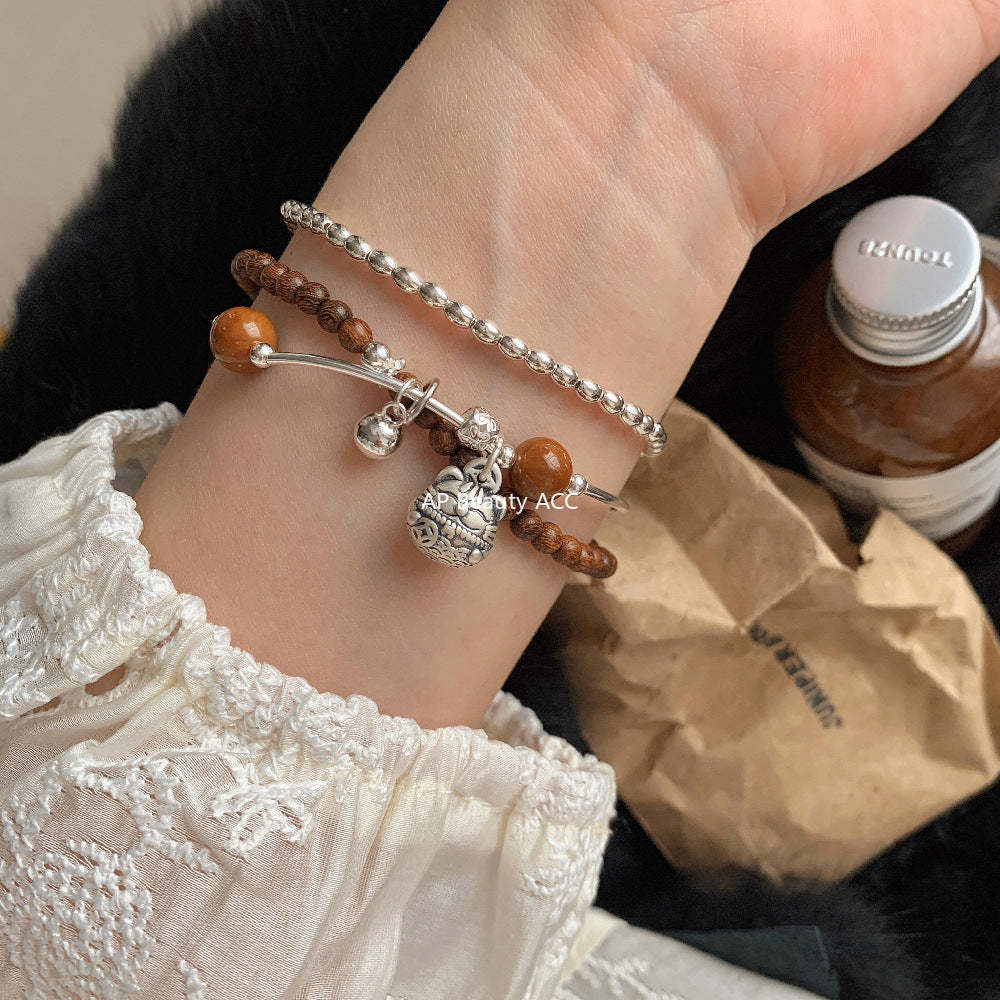 A관 - 복고양이 펜던트 보리수 금사남목 925 실버 팔찌 [1531] 25.11-3