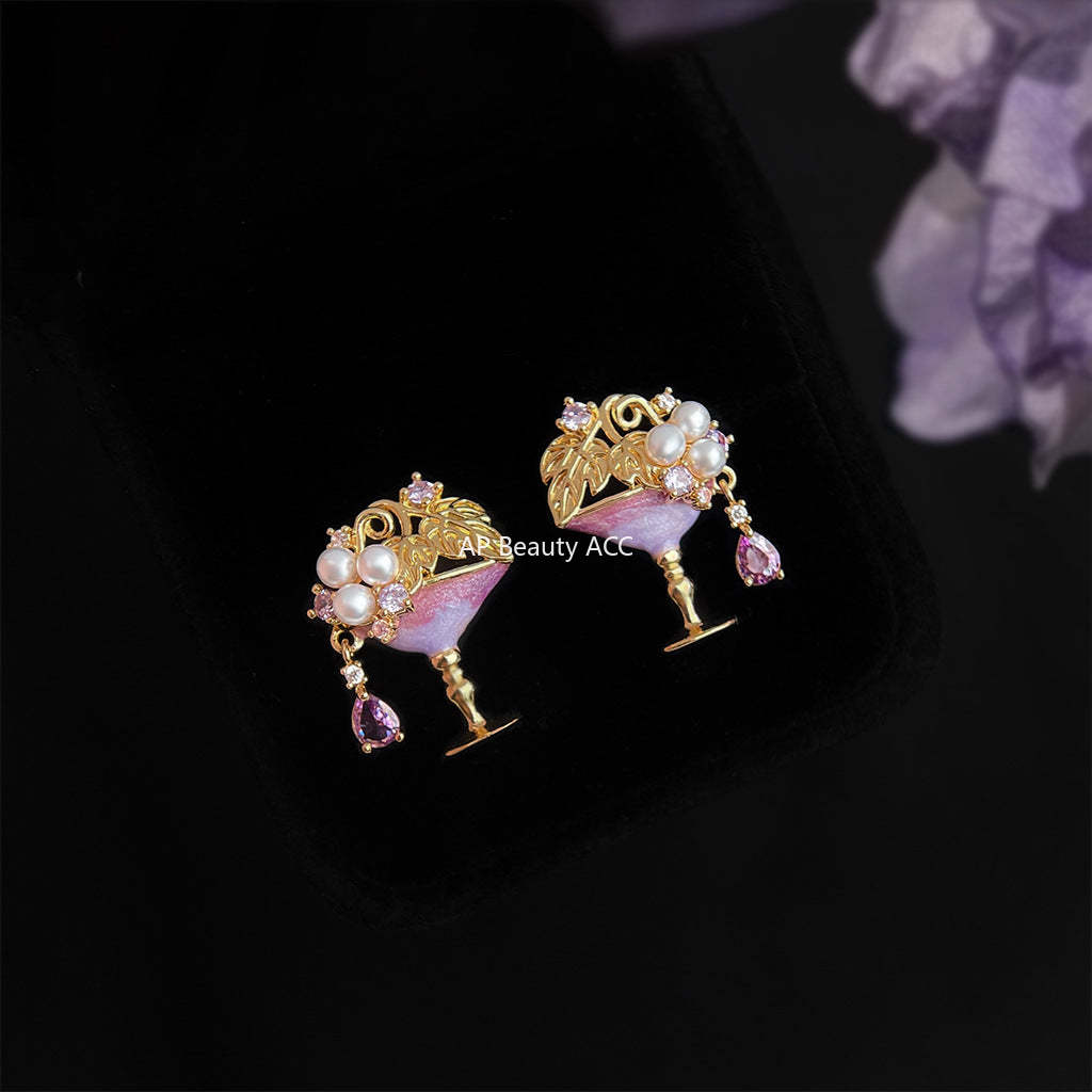 C관 - 큐빅 진주 핸드페인팅 와인잔 디자인 925 은침 귀걸이 [6831] 25.09-4