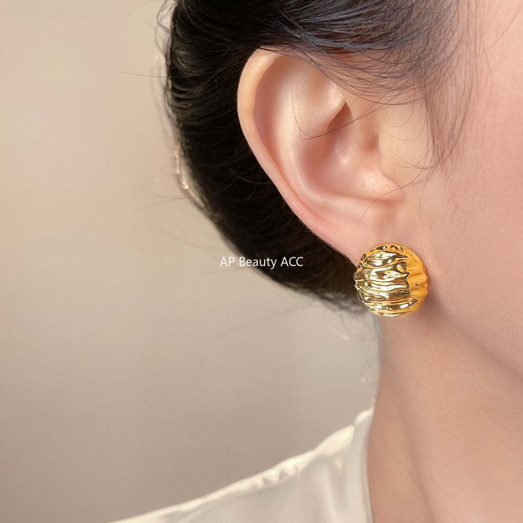 C관 - 호두 무늬 반원 디자인 925 은침 귀걸이 [7141-7142] 25.11-4