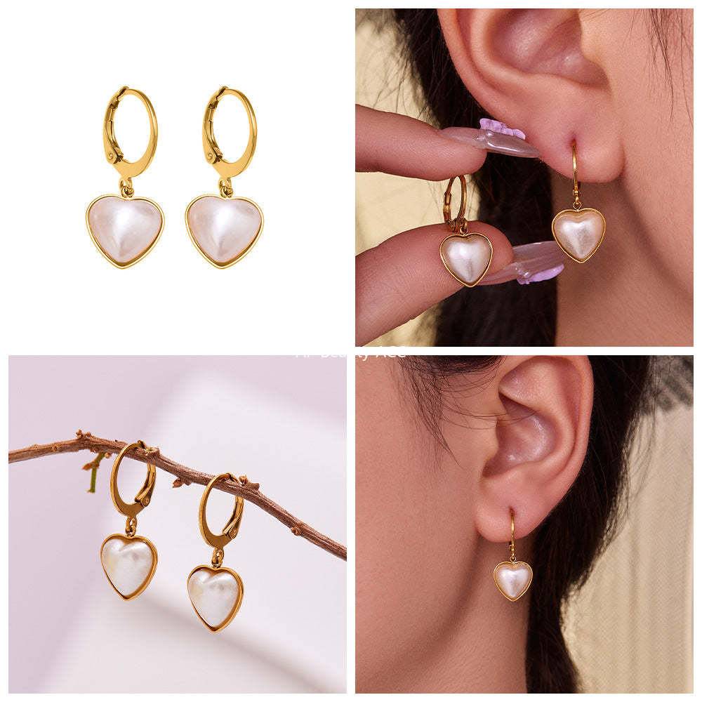 D관 - 스테인리스 18K 도금 자개진주 하트 귀걸이 [F017] 25.10-5