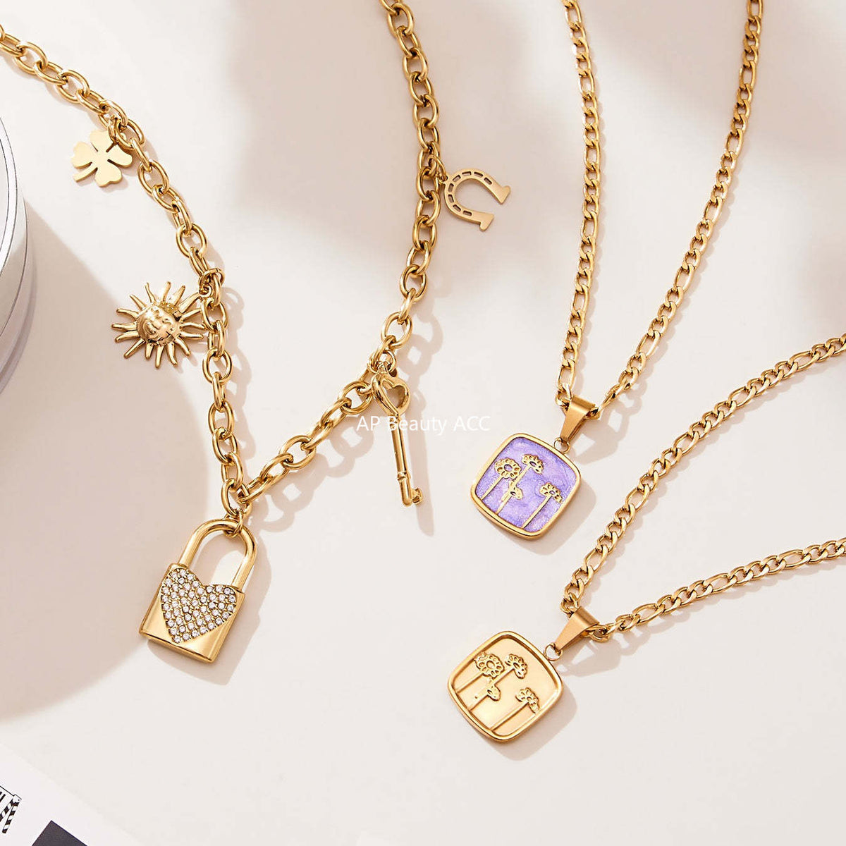 D관 - 18K 도금 스테인리스 스틸 큐빅 자물쇠 스퀘어 펜던트 목걸이 [P1322] 25.10-4