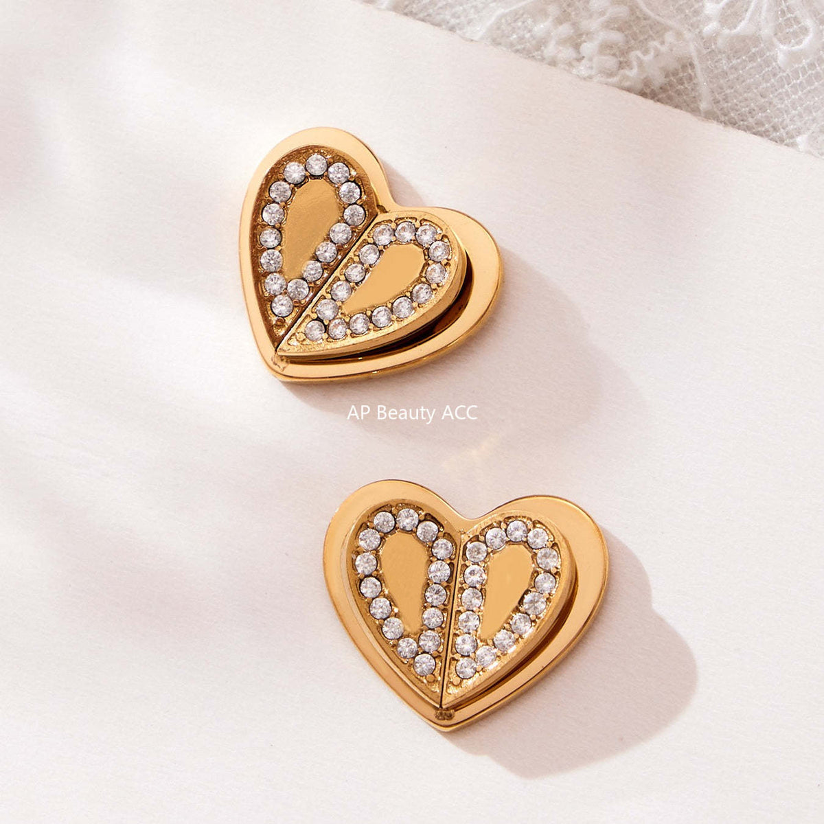 D관 - 18K 도금 스테인리스 스틸 큐빅 더블 하트 반지 귀걸이 목걸이 [TXP446] 25.10-4