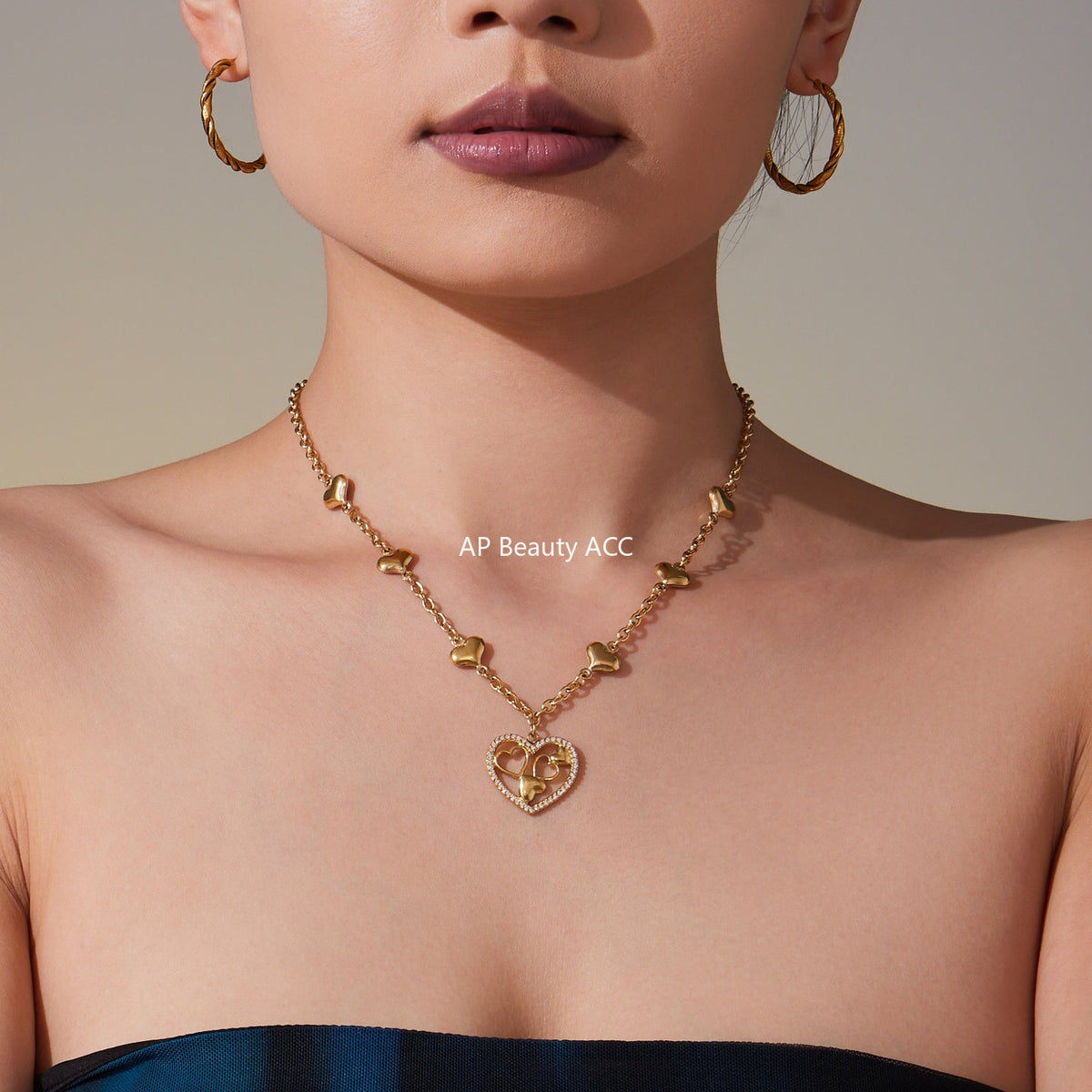 D관 - 18K 도금 스테인리스 스틸 큐빅 하트 펜던트 목걸이 [P079] 25.10-1