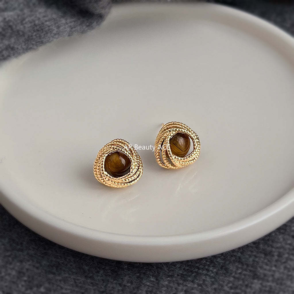 C관 - 천연석 호안석 원형 925 은침 귀걸이 [6826] 25.09-4