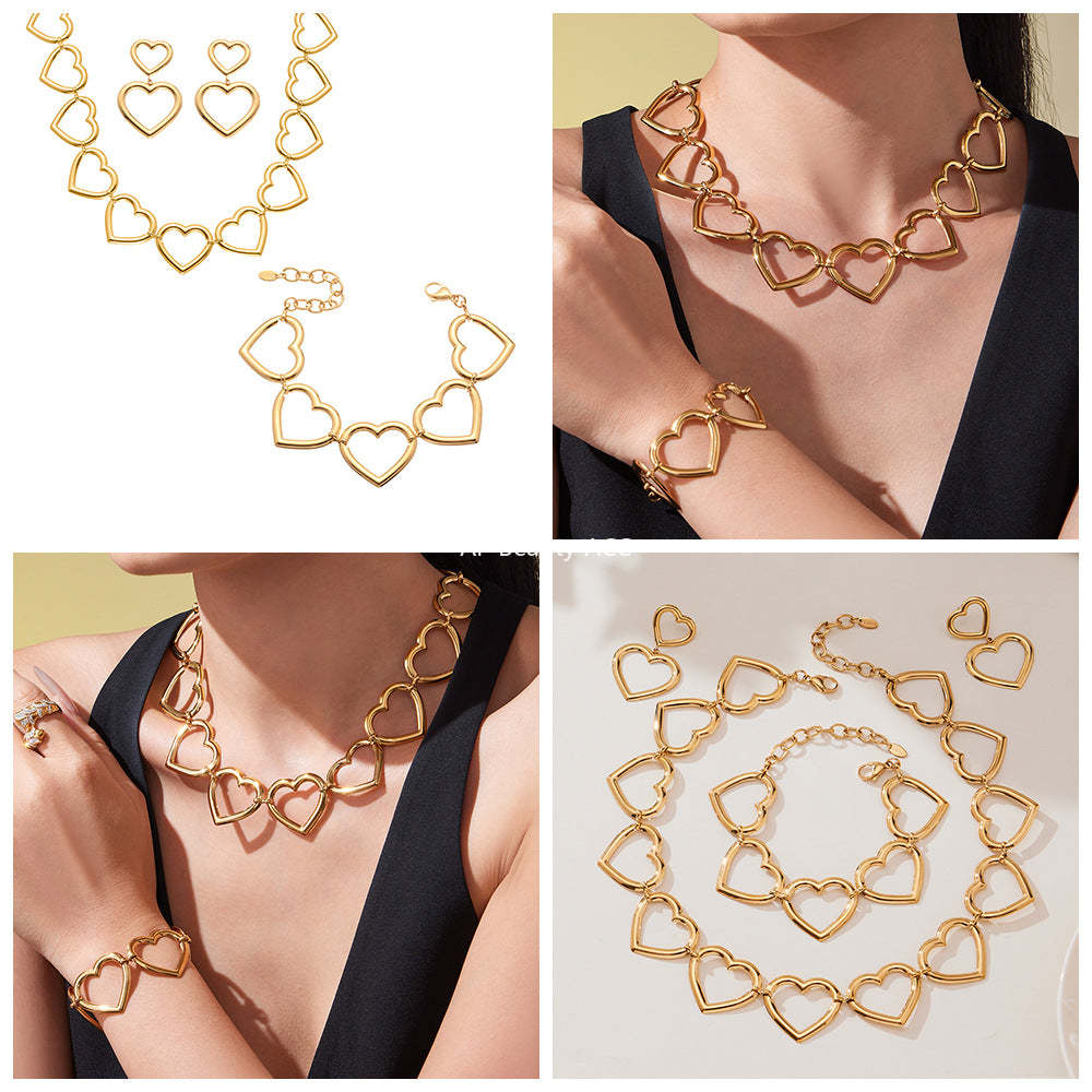 D관 - 18K 도금 스테인리스 스틸 하트 연결 디자인 귀걸이 목걸이 팔찌 [TXP452] 25.10-4