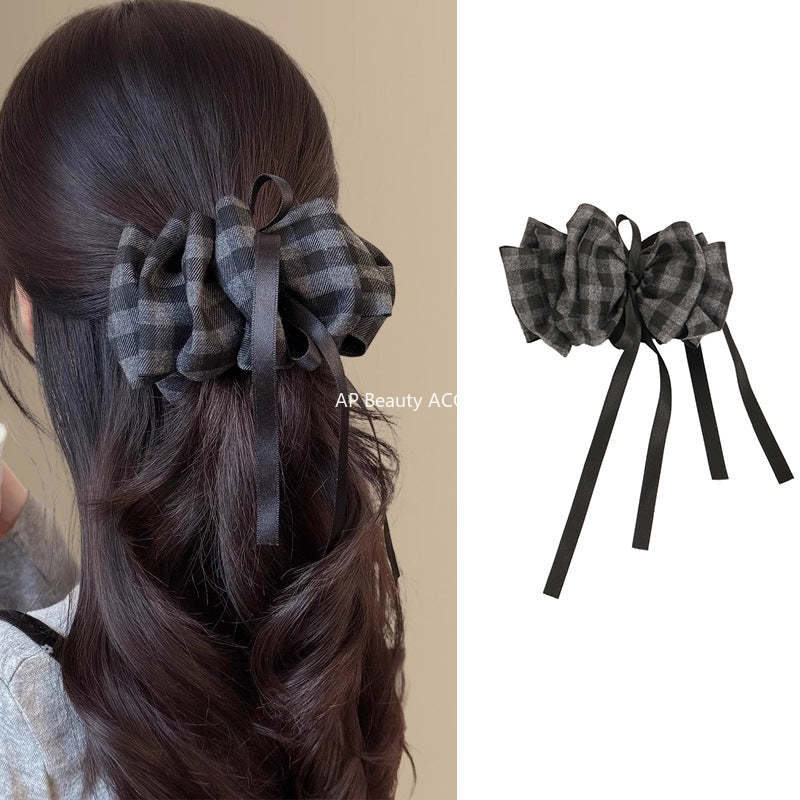 E관 - 그레이 체크 기모 리본 스트랩 집게핀 [27723] 25.11-4