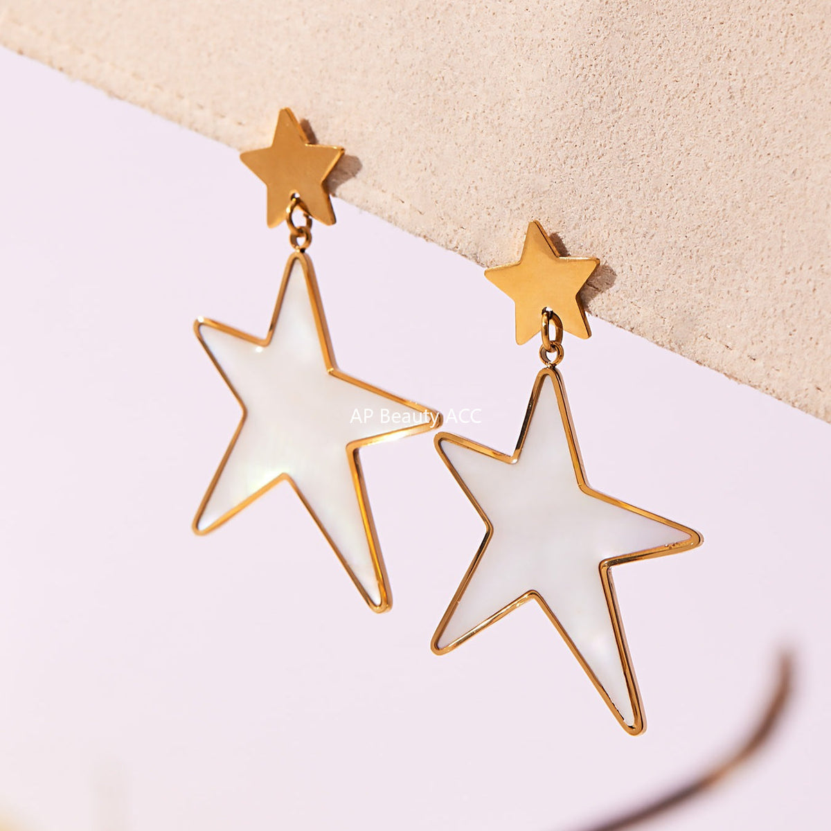 D관 - 스테인리스 18K 도금 천연 자개 대형 오각별 반지 귀걸이 [TXF460] 25.11-1