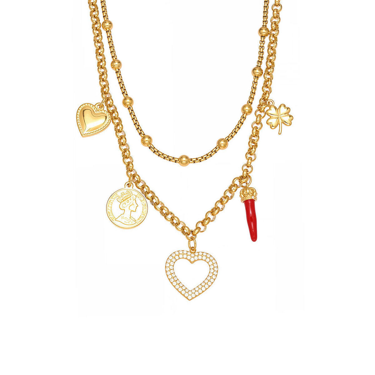 D관 - 더블 레이어 하트 큐빅 멀티 펜던트 스테인리스 목걸이 [P170] 25.11-3