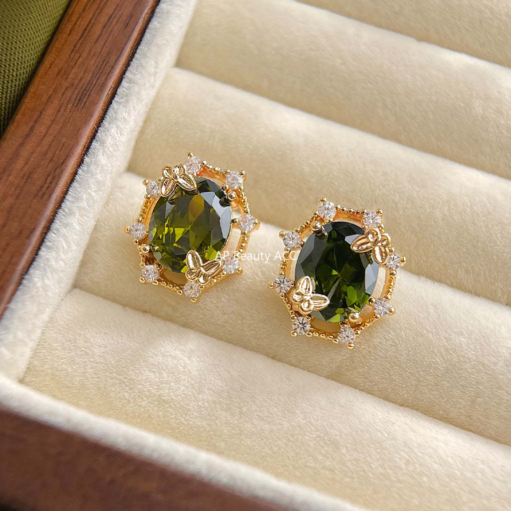 C관 - 14K 도금 925 은침 올리브 그린 큐빅 나비 귀걸이 [5586] 25.02-3