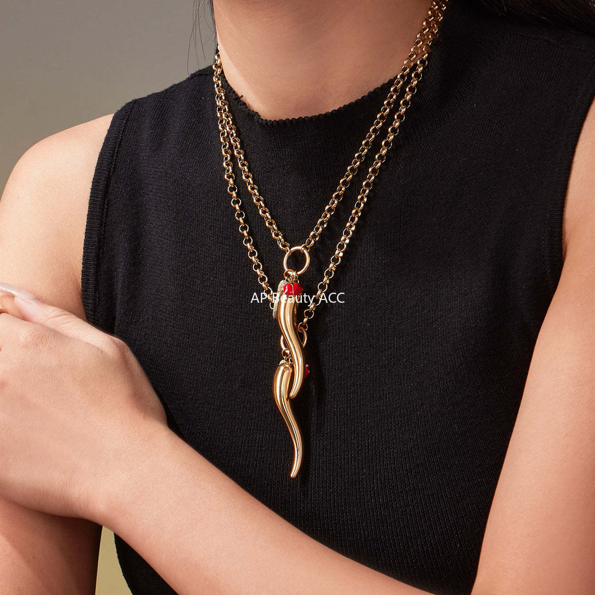 D관 - 고추 모양 펜던트 큐빅 18K 도금 스테인리스 목걸이 [P1094] 25.11-3