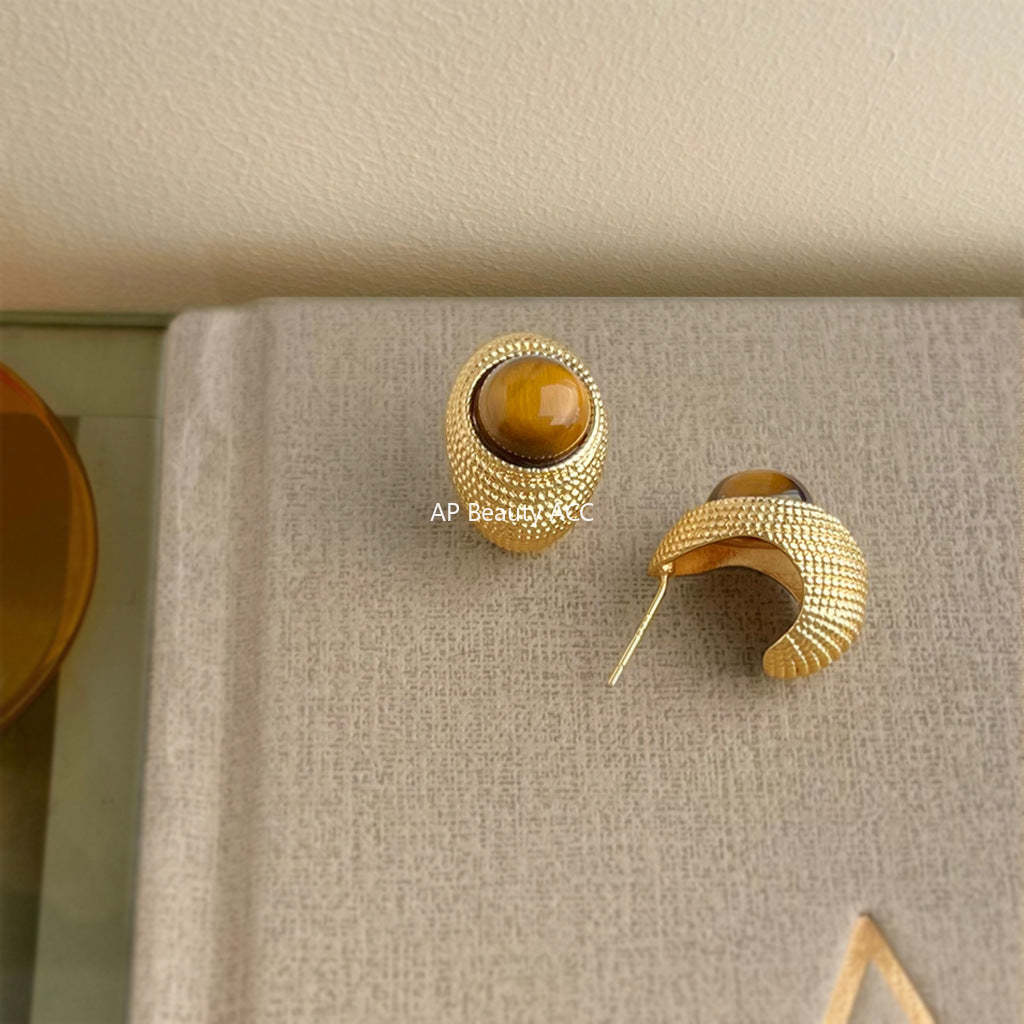 C관 - 925 은침 14K 도금 천연석 호안석 귀걸이 [5691] 25.03-2