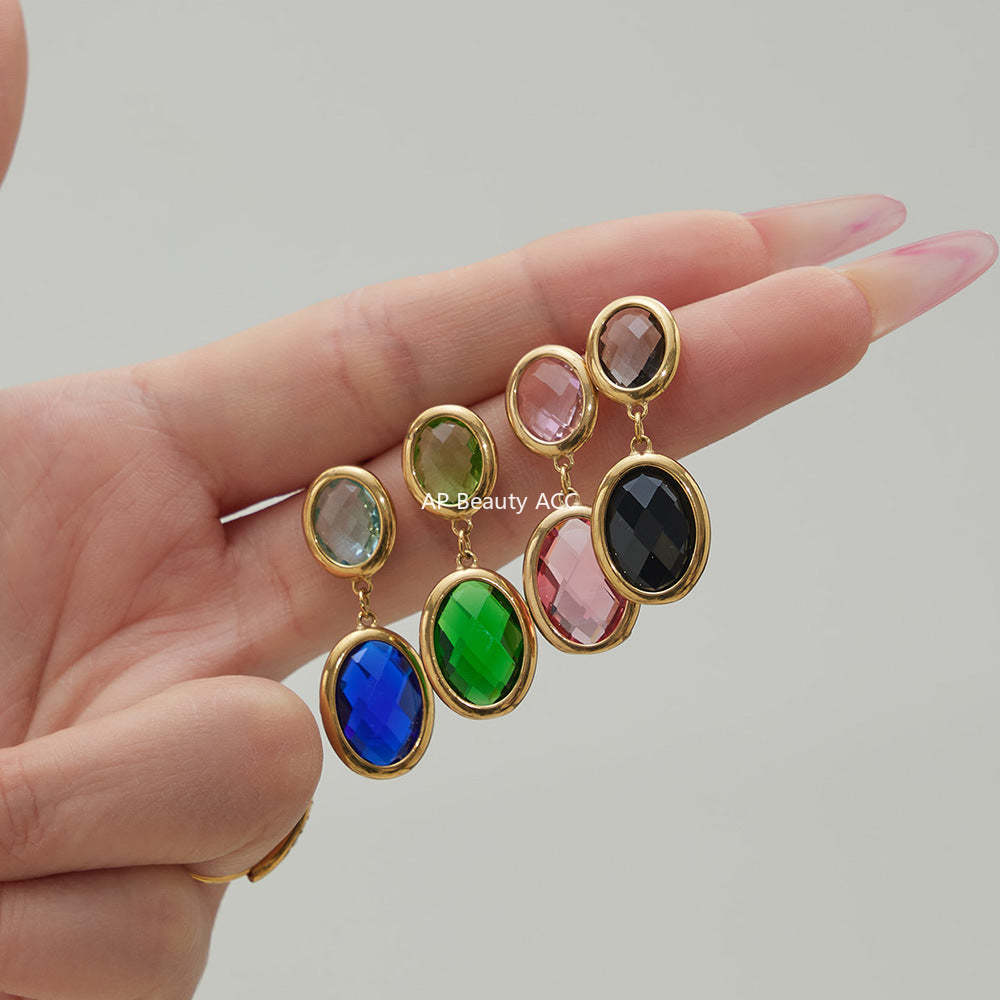 D관 - 스테인리스 스틸 18K 도금 타원 컷팅 글라스 스톤 펜던트 귀걸이 [F957] 25.12-1