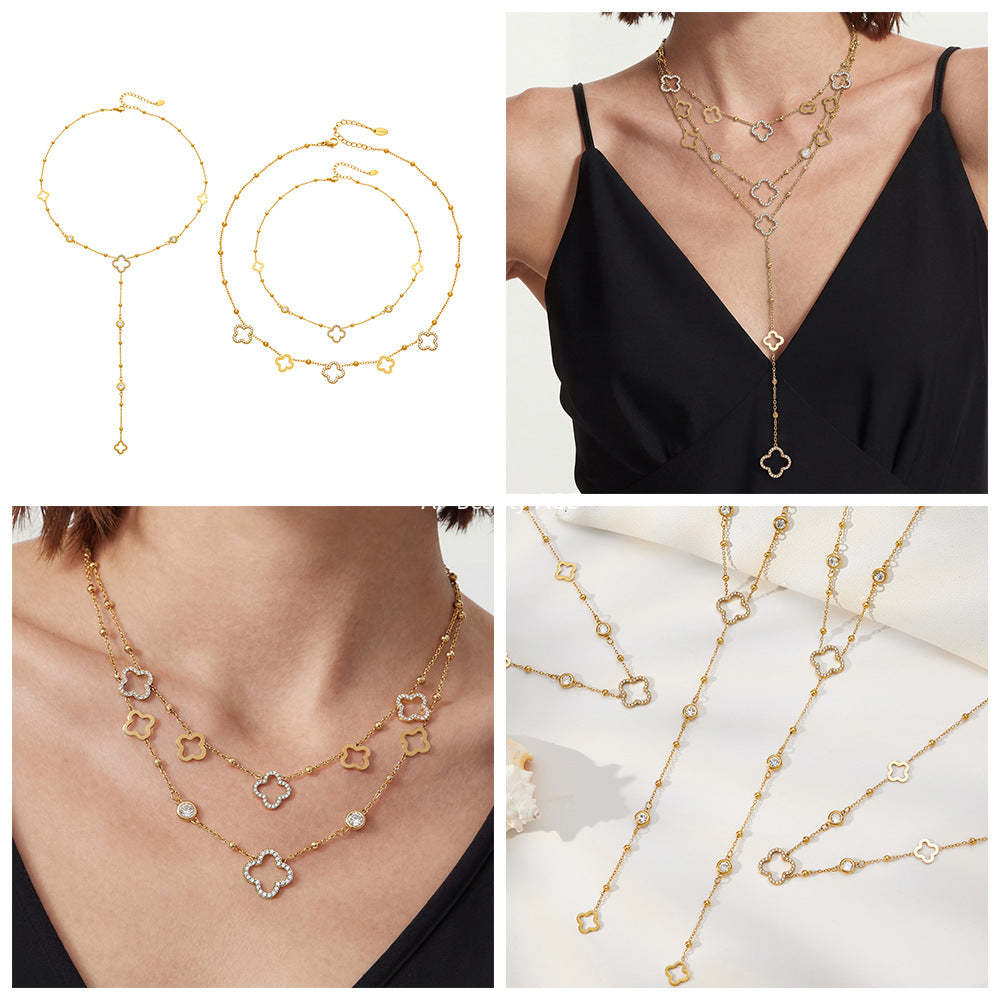 D관 - 스테인리스 스틸 18K 도금 클로버 큐빅 Y자 목걸이 [P664] 25.12-3