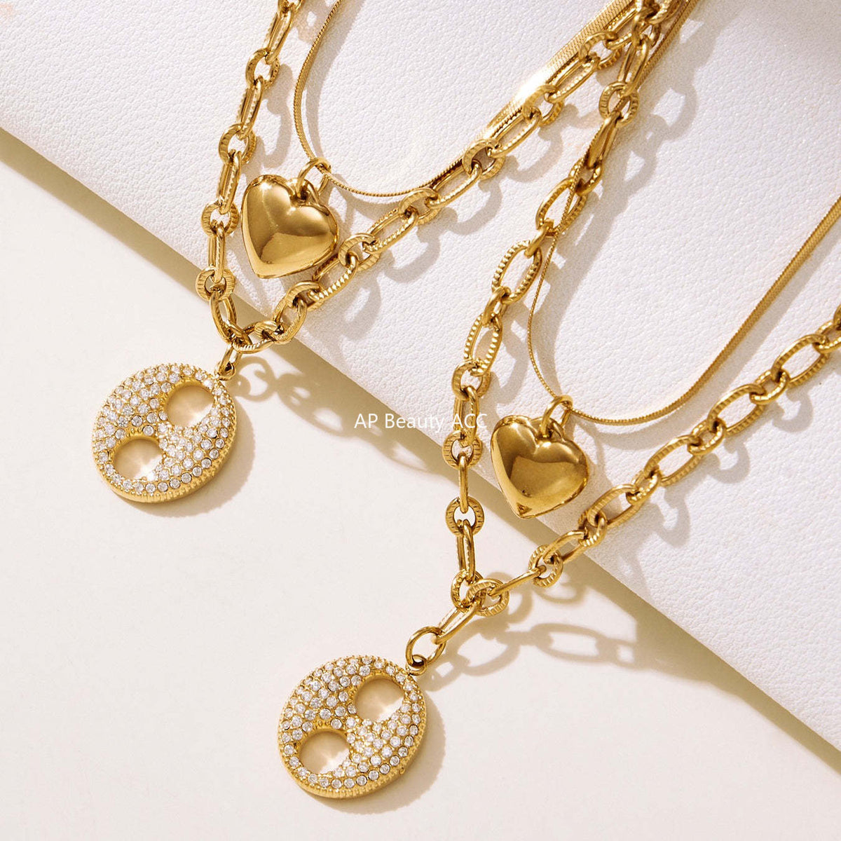 D관 - 더블 레이어 하트 큐빅 18K 도금 스테인리스 목걸이 [P100] 25.11-3