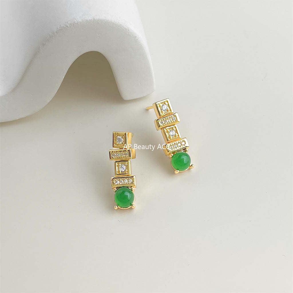 C관 - 직사각형 큐빅 그린 레진 925 은침 귀걸이 [7177] 25.12-1