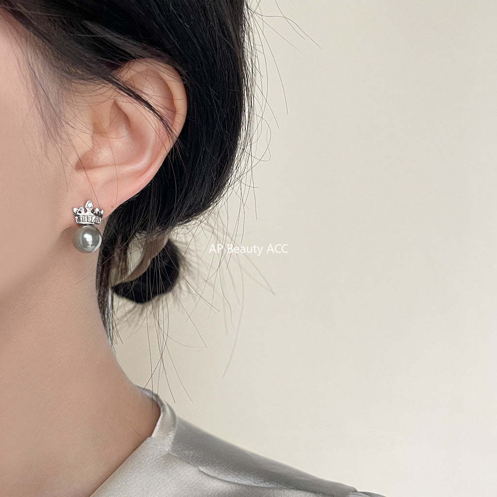 C관 - 고급스러운 글라스 진주 왕관 은침 귀걸이 [3974] 24.05-5