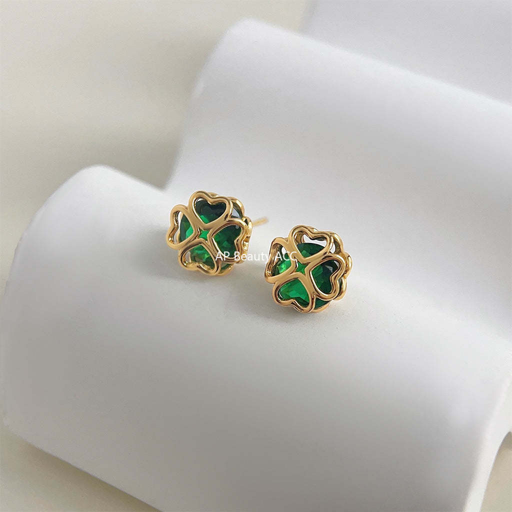 C관 - 18K 도금 두꺼운 큐빅 그린 꽃 기하학 귀걸이 [4522] 24.07-2