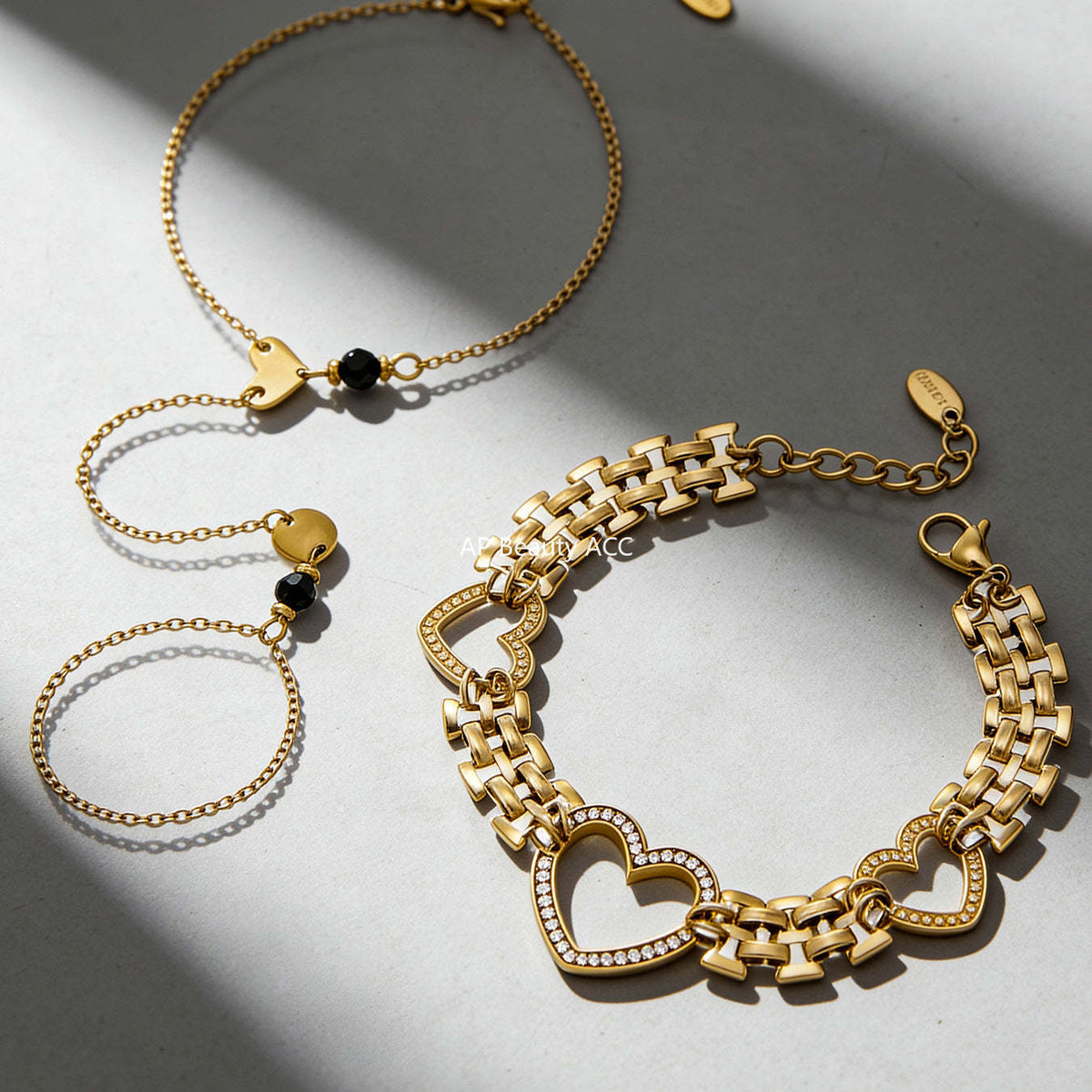 D관 - 스테인리스 스틸 18K 도금 하트 큐빅 천연석 팔찌 [E162-E169] 25.12-3