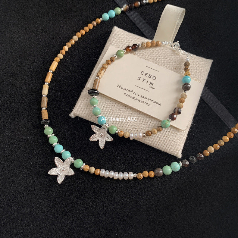 A관 - 925 실버 핸드메이드 진주 플라워 재스퍼 아게이트 팔찌 목걸이 [1540] 25.11-2