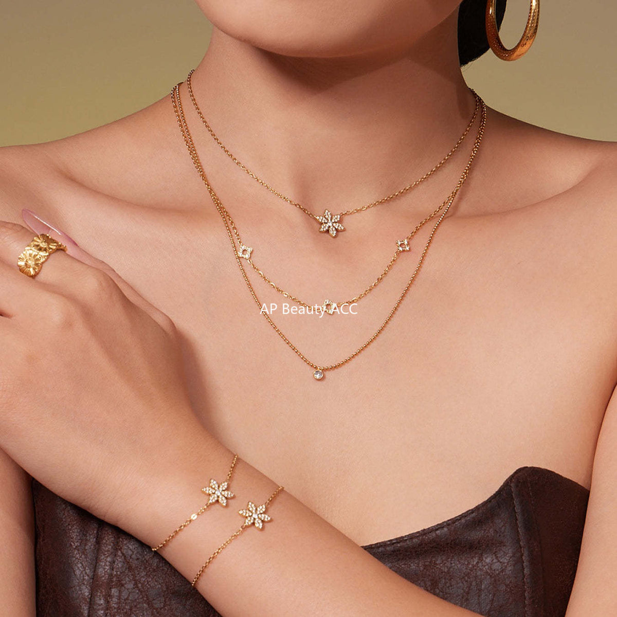D관 - 스테인리스 스틸 플라워 풀큐빅 더블 레이어드 팔찌 목걸이 [TXP492] 25.11-4