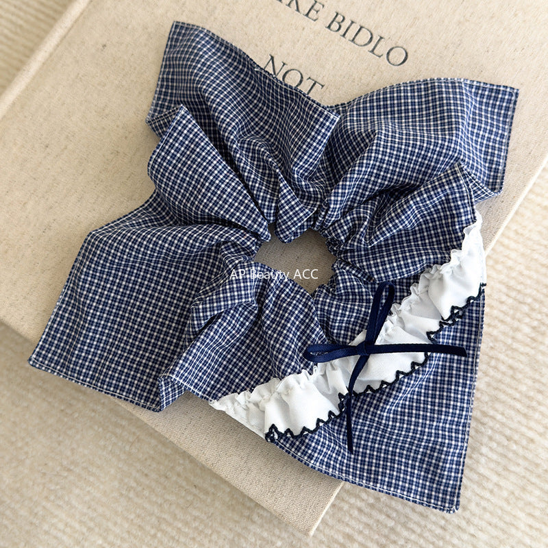 E관 - 블루 체크 패브릭 레이스 리본 곱창 헤어밴드 [26462] 25.10-2