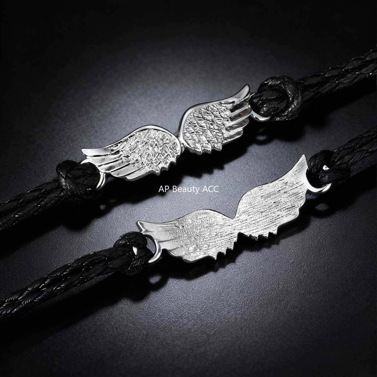 G관 - 블랙 PU 가죽 끈 천사 날개 펜던트 스트랩 팔찌 [BL-823S] 25.12-3