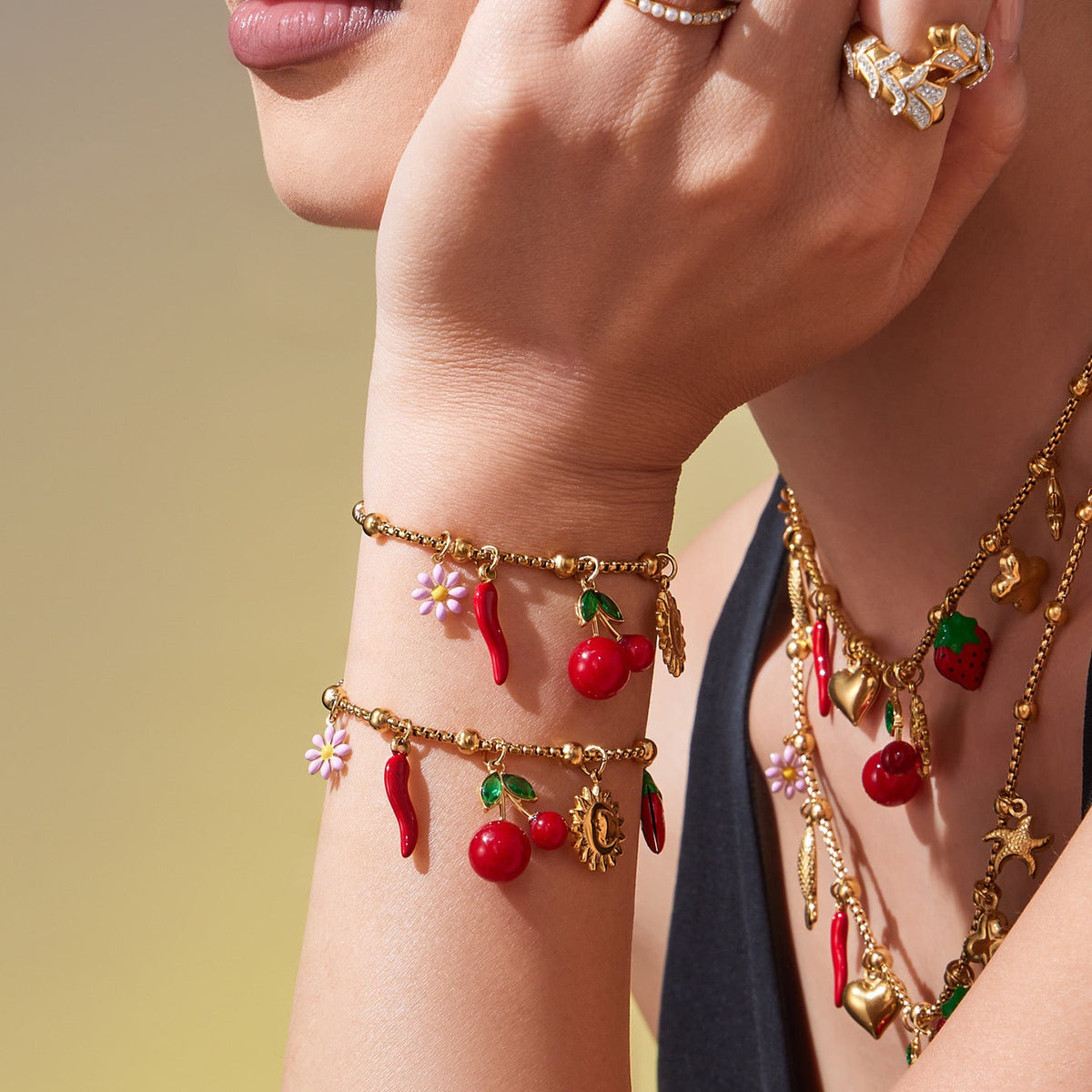 D관 - 18K 도금 스테인리스 스틸 체리 플라워 펜던트 목걸이 팔찌 [TXP449] 25.10-4