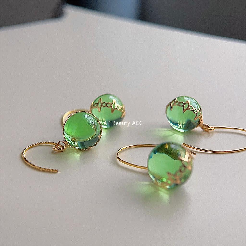 C관 - 14K 도금 투명한 초록 유리 크리스탈 구슬 귀걸이 [3679 3717] 24.03-4
