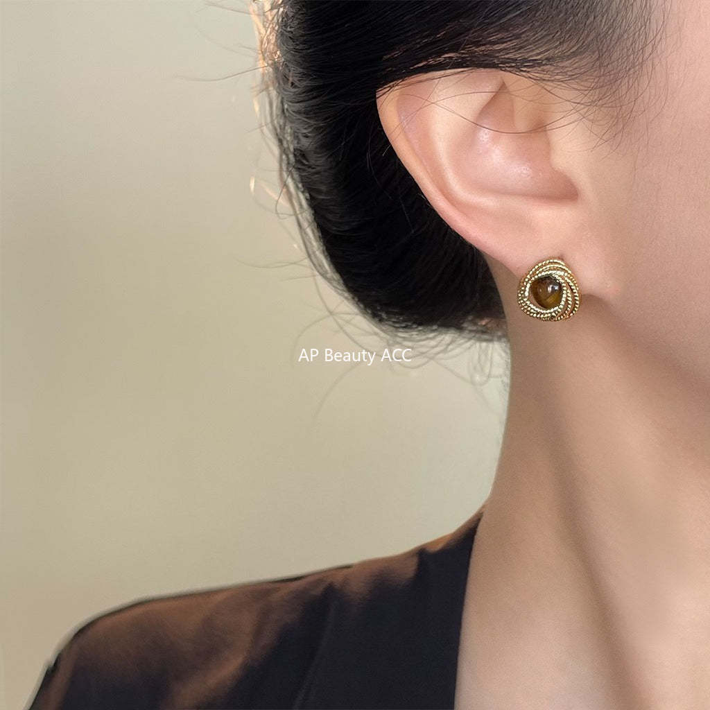 C관 - 천연석 호안석 원형 925 은침 귀걸이 [6826] 25.09-4