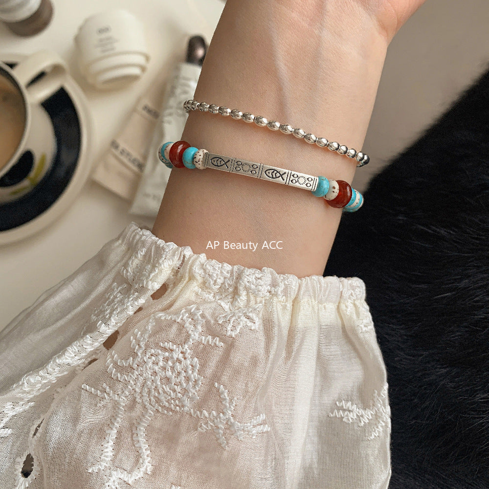 A관 - 925 실버 물고기 각인 자금사 홍마노 비즈 팔찌 [1541-1542] 25.11-2