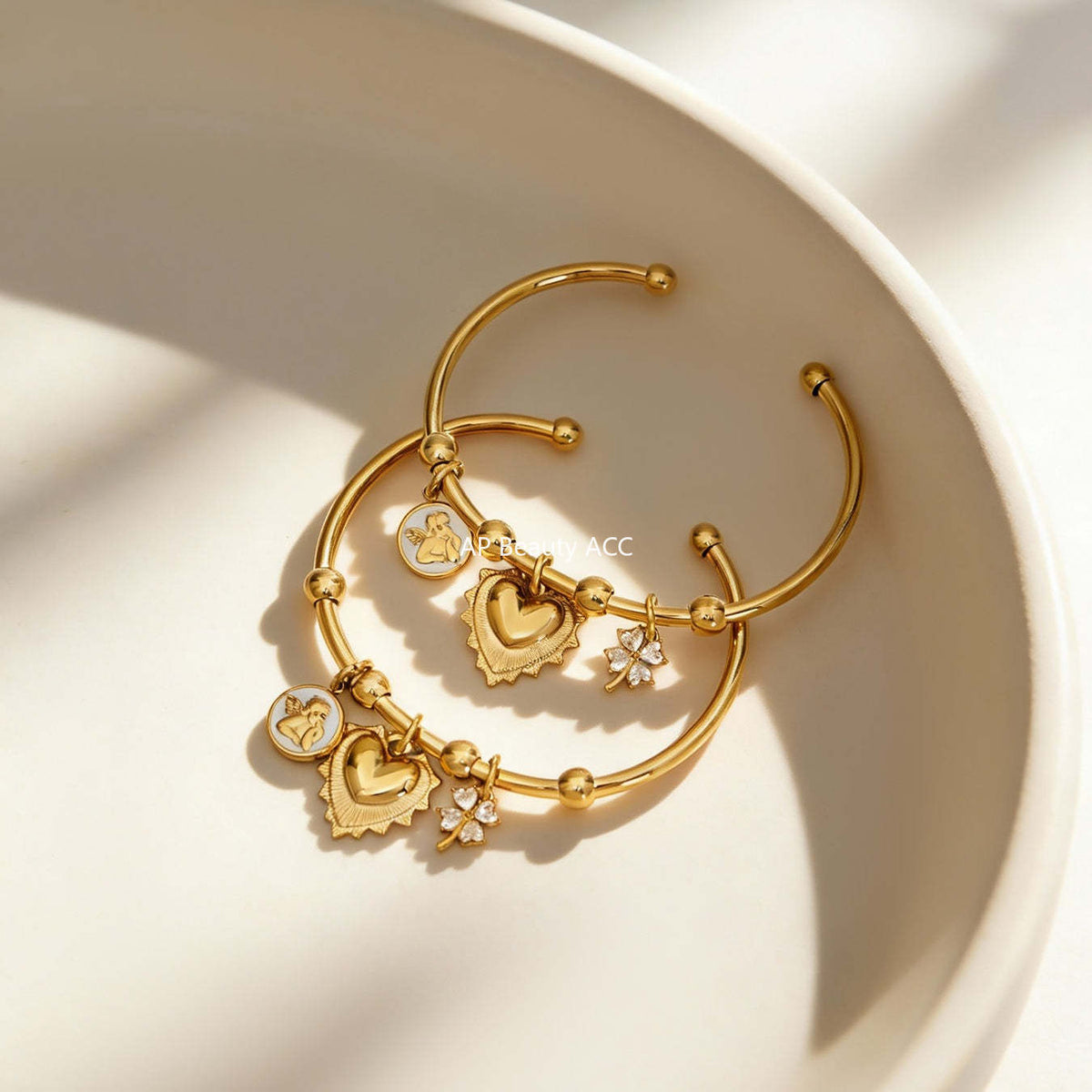 D관 - 볼드 하트 펜던트 18K 도금 스테인리스 스틸 오픈 팔찌 [Z516-Z517] 25.12-2