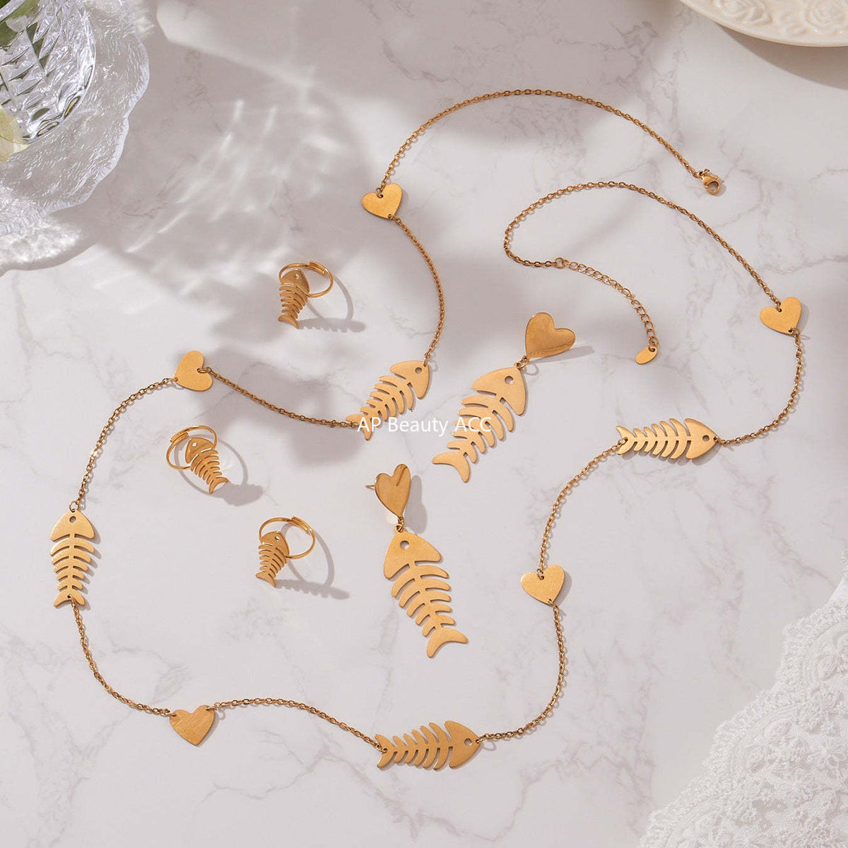 D관 - 스테인리스 18K 도금 물고기뼈 하트 디자인 목걸이 귀걸이 반지 [TXP459] 25.10-5