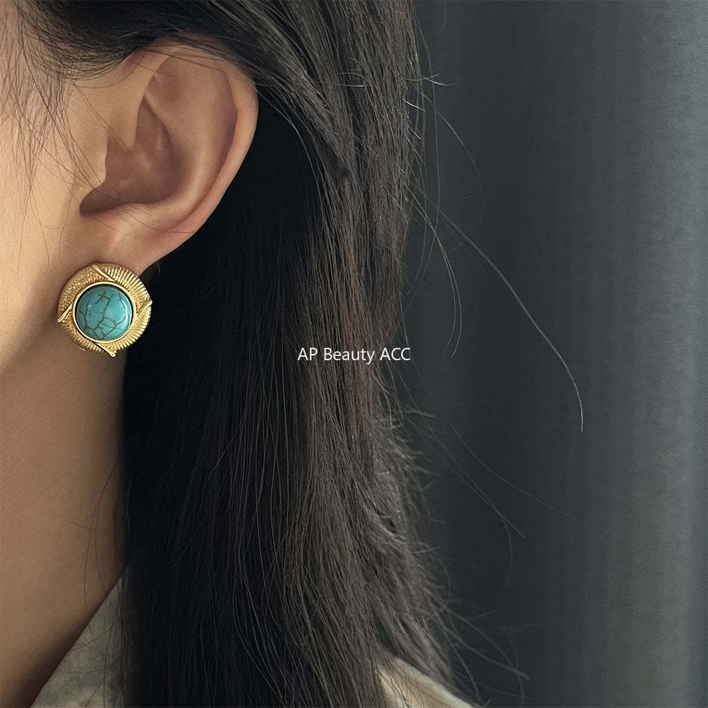 C관 - 복고풍 합성 터키석 14K 도금 원형 귀걸이 [4308] 24.06-4