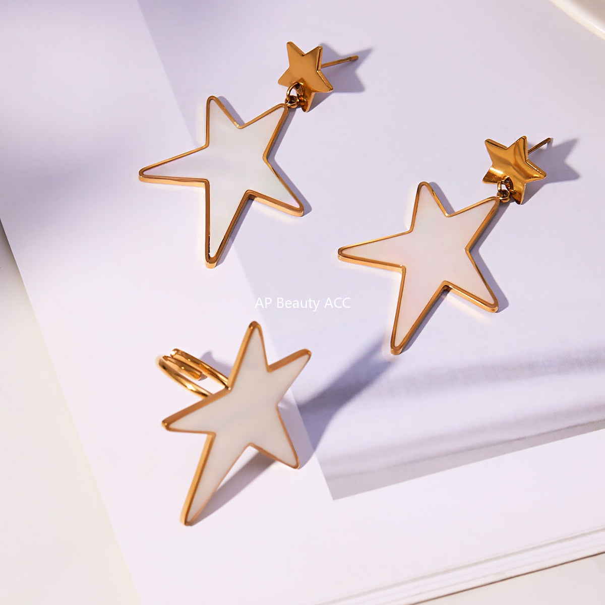 D관 - 스테인리스 18K 도금 천연 자개 대형 오각별 반지 귀걸이 [TXF460] 25.11-1