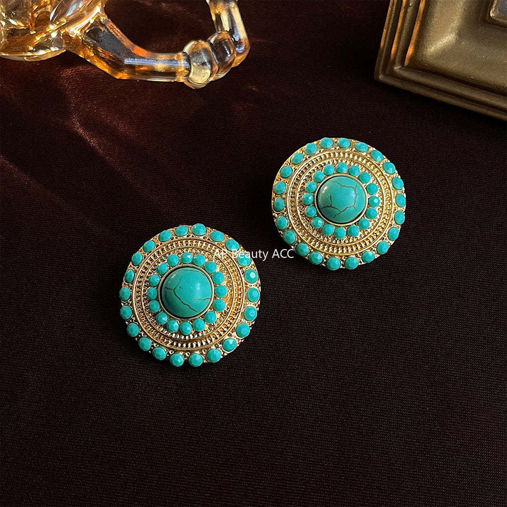 C관 - 합성 터키석 기하학 원형 빈티지 14K 도금 세련된 귀걸이 [4314] 24.07-1