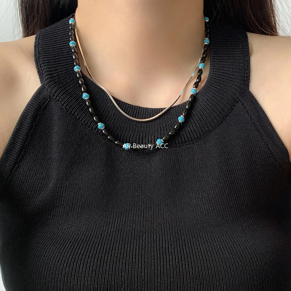 A관 - 925 실버 쌀알 흑마노 터키석 비즈 팔찌 목걸이 [SG37] 25.10-3