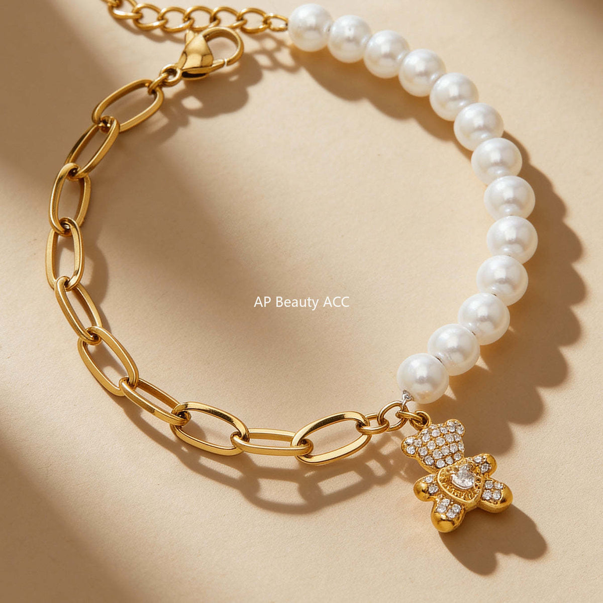 D관 - 스테인리스 스틸 18K 도금 큐빅 곰 펜던트 진주 팔찌 [E153-E162] 25.12-3