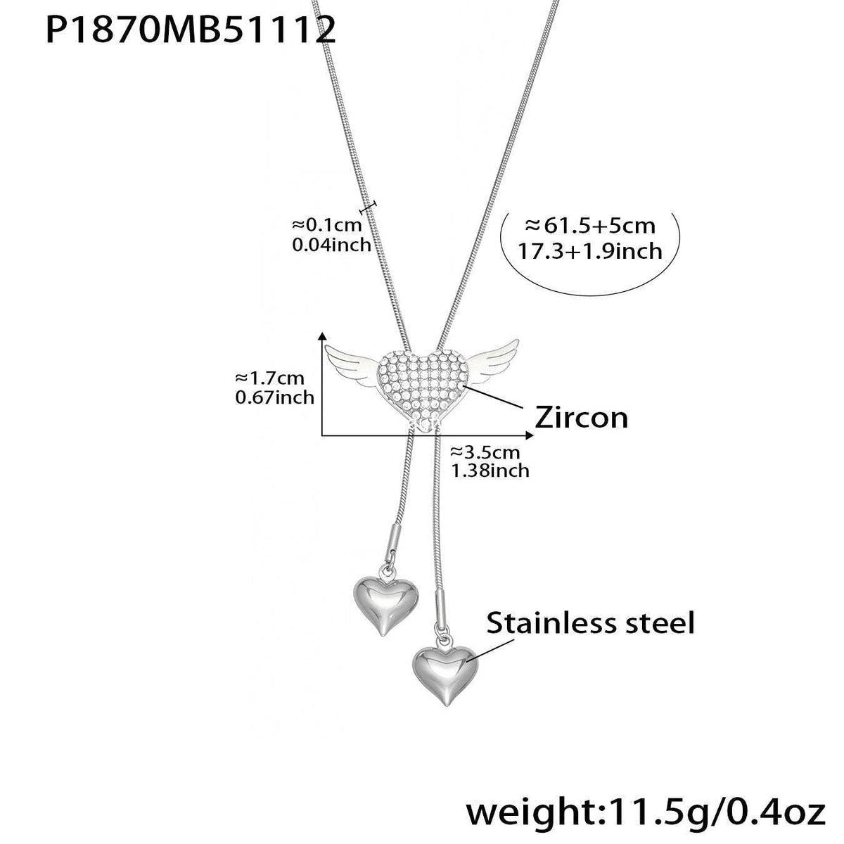 D관 - 큐빅 하트 날개 태슬 조절형 스테인리스 스틸 목걸이 [P1870] 25.11-3