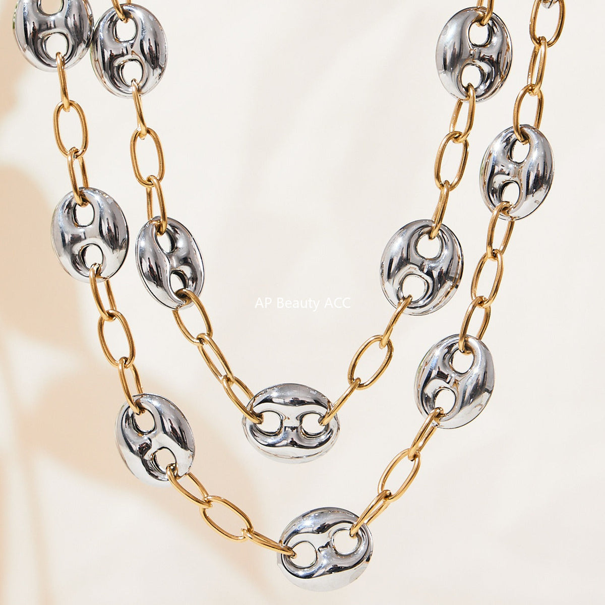 D관 - 스테인리스 스틸 투톤 더블 원형 볼드 체인 목걸이 [P1439] 25.10-1