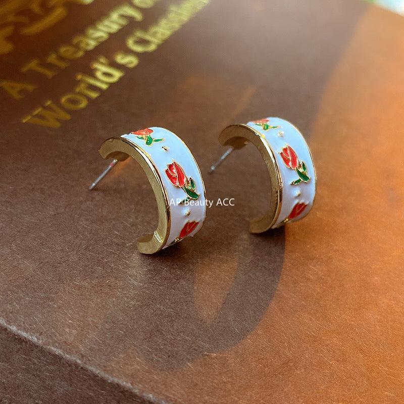 C관 - 오일 코팅 튤립 플라워 디자인 프렌치 레트로 실버 귀걸이 [E8321] 24.03-2