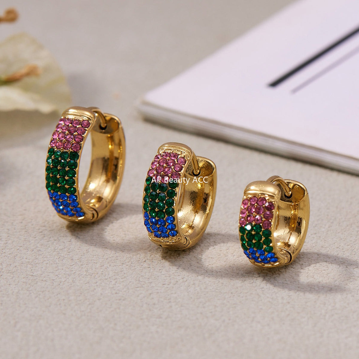 D관 - 스테인리스 컬러 믹스 큐빅 18K 도금 후프 링 귀걸이 [F931] 25.11-2
