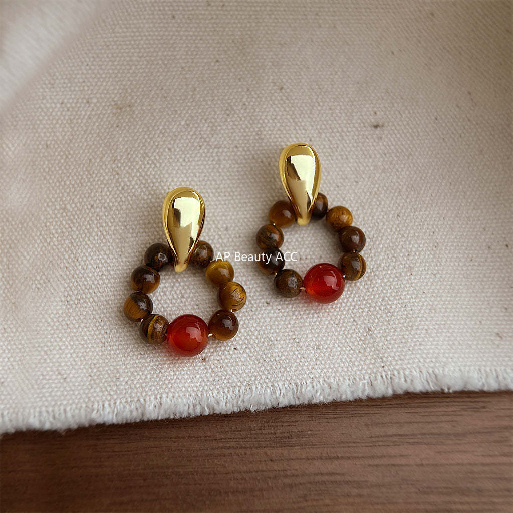 C관 - 천연 호안석 홍마노 원형 귀걸이 [7230] 25.12-3