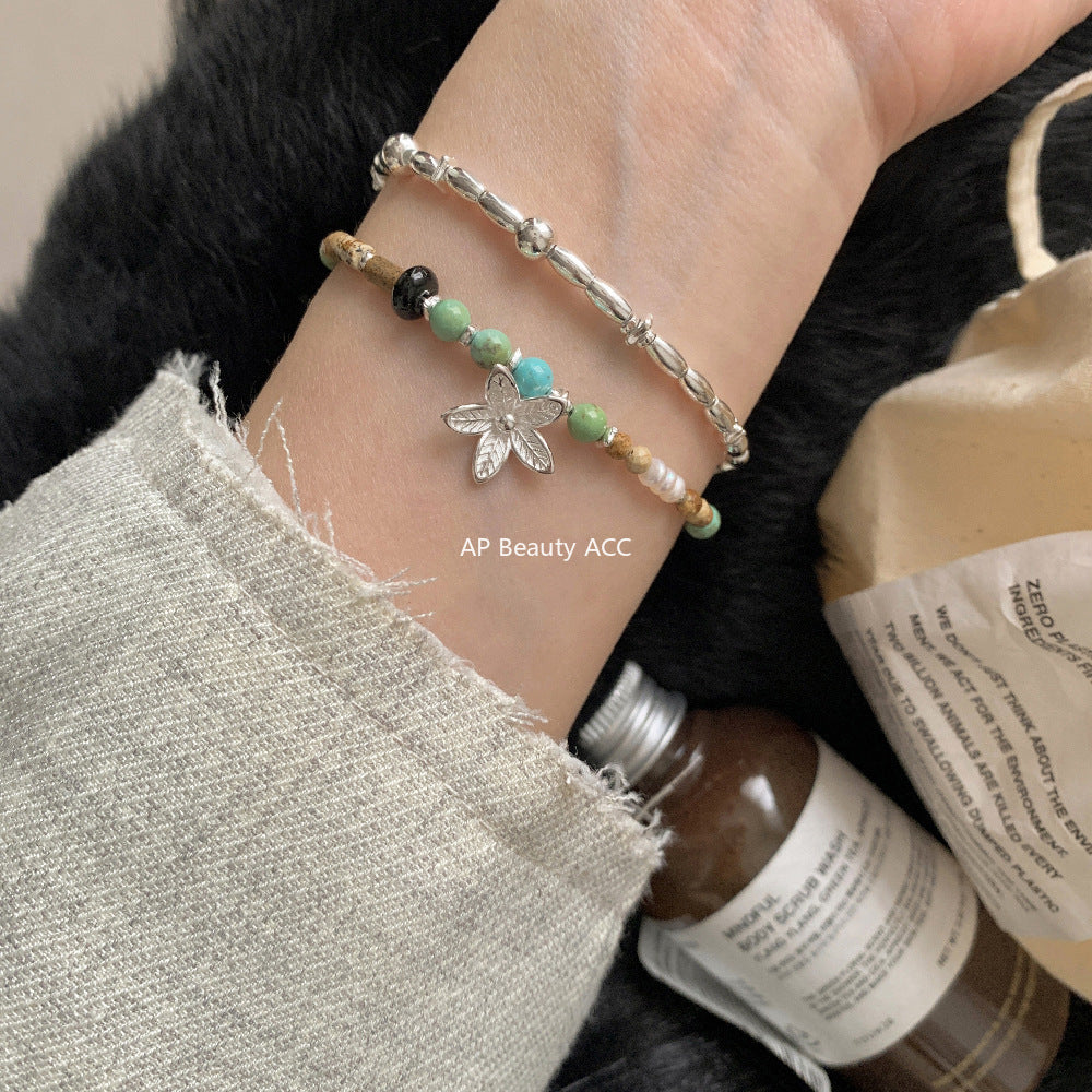 A관 - 925 실버 핸드메이드 진주 플라워 재스퍼 아게이트 팔찌 목걸이 [1540] 25.11-2