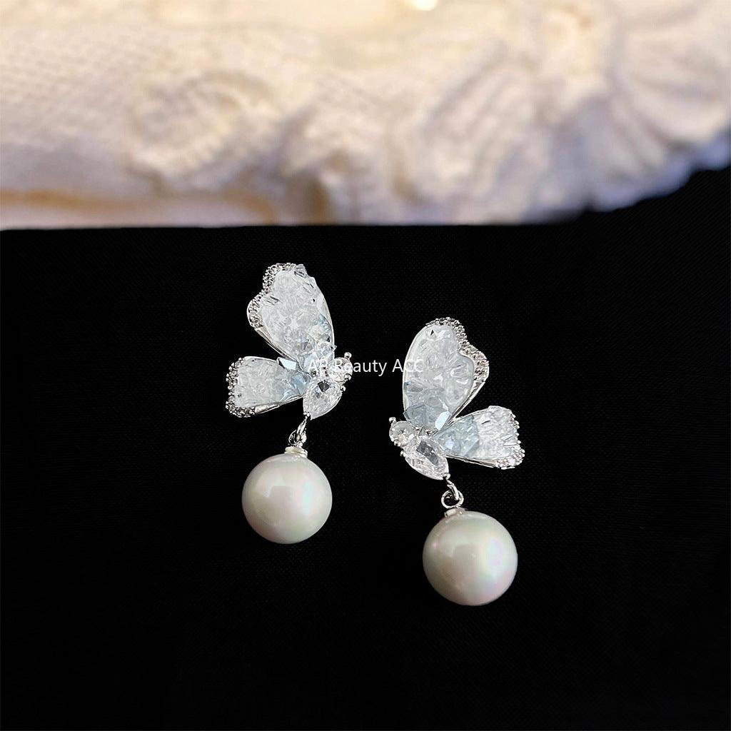 C관 - 그라데이션 블루 나비 진주 글래스 큐빅 925 은침 귀걸이 [5833] 25.04-2