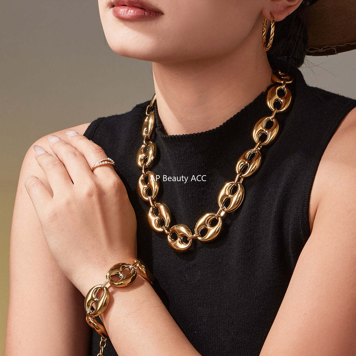 D관 - 타원형 돼지코 모양 체인 18K 도금 스테인리스 목걸이 팔찌 [TXP466] 25.11-3