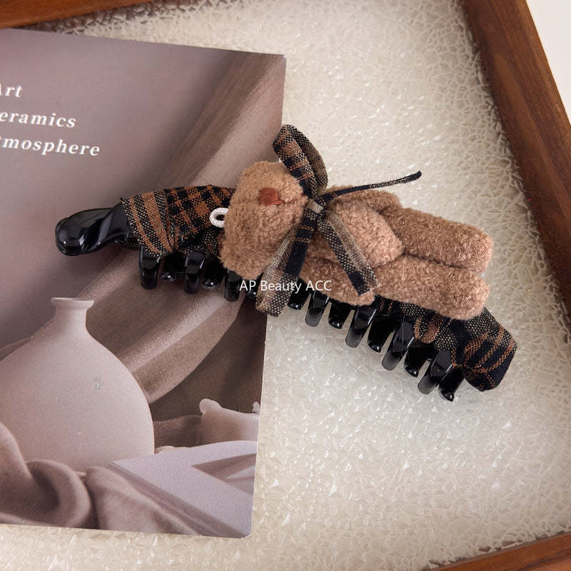 E관 - 체크 패브릭 리본 곰돌이 대형 집게핀 [27722] 25.11-4