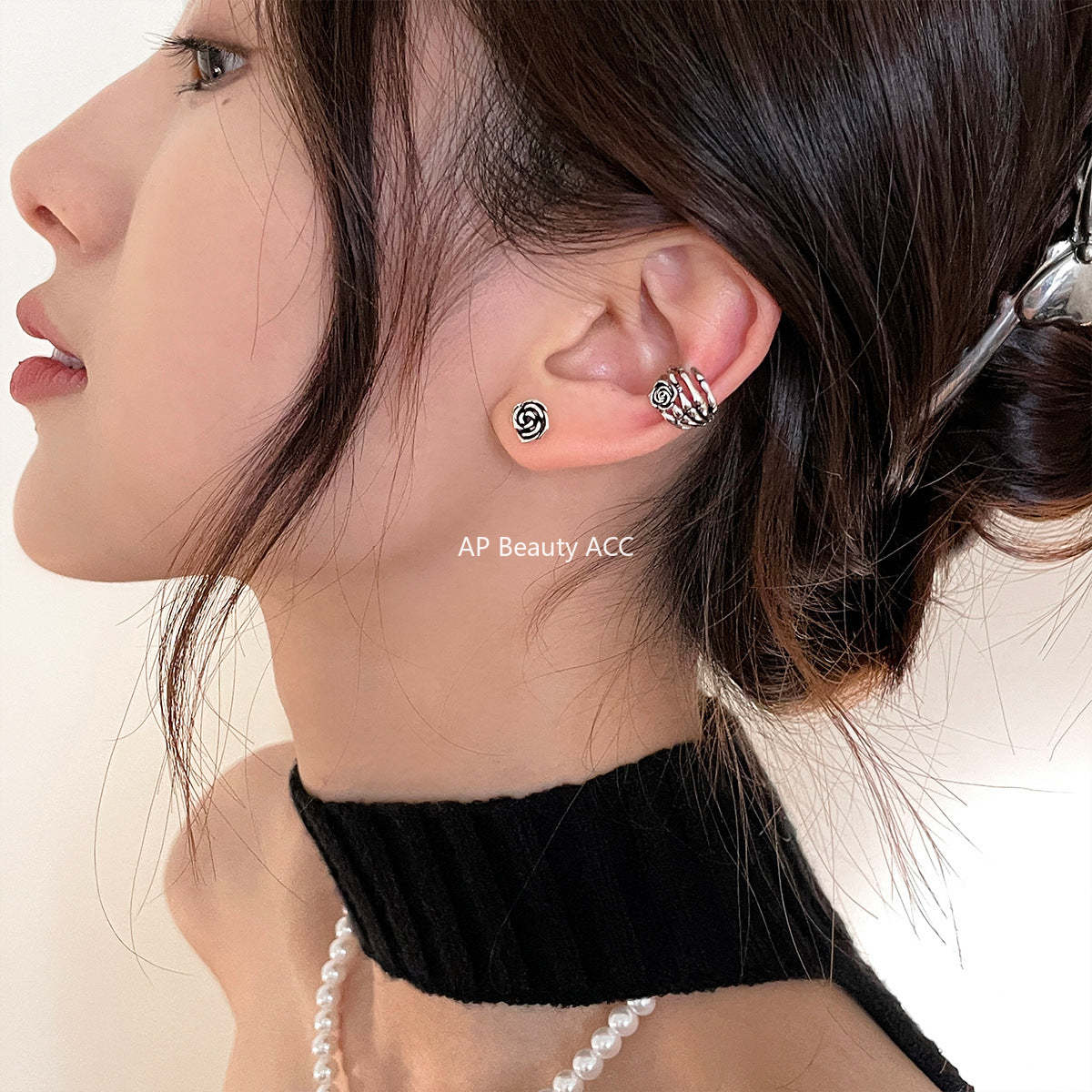 A관 - 장미 해골 손톱 디자인 은침 클립 귀걸이 [EH-3352] 24.12-4