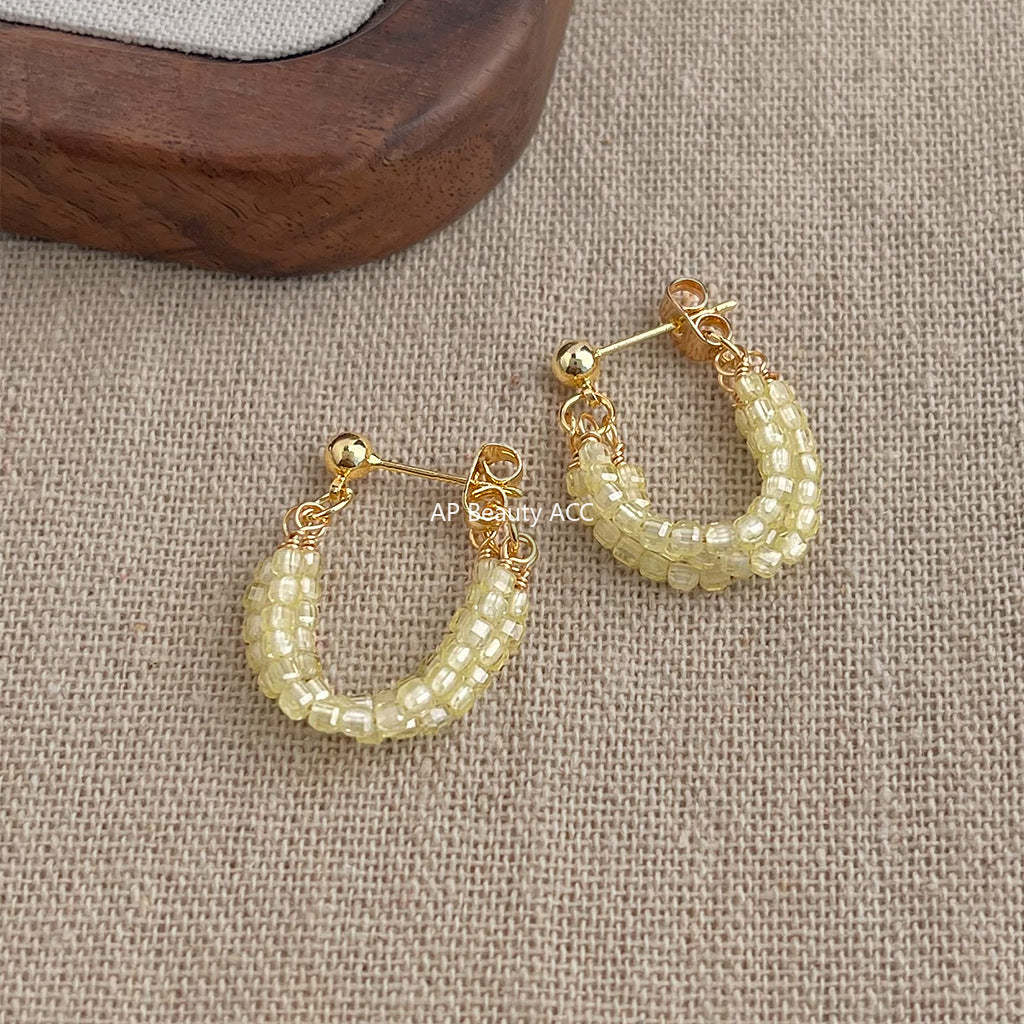 C관 - 베이지 글래스 크리스탈 핸드메이드 은침 귀걸이 [5471] 25.02-3