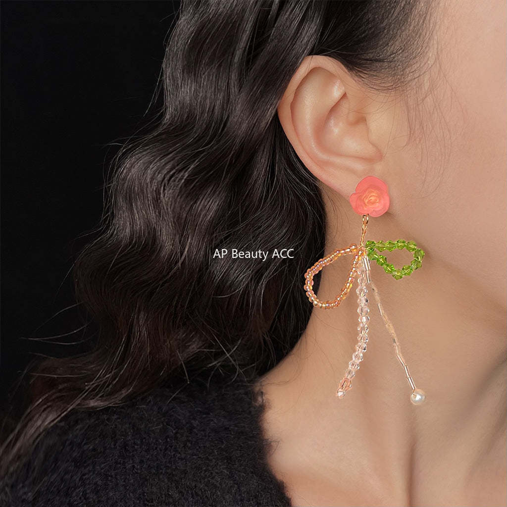 C관 - 글래스 크리스탈 리본 태슬 장미 비즈 귀걸이 [5578] 25.02-3